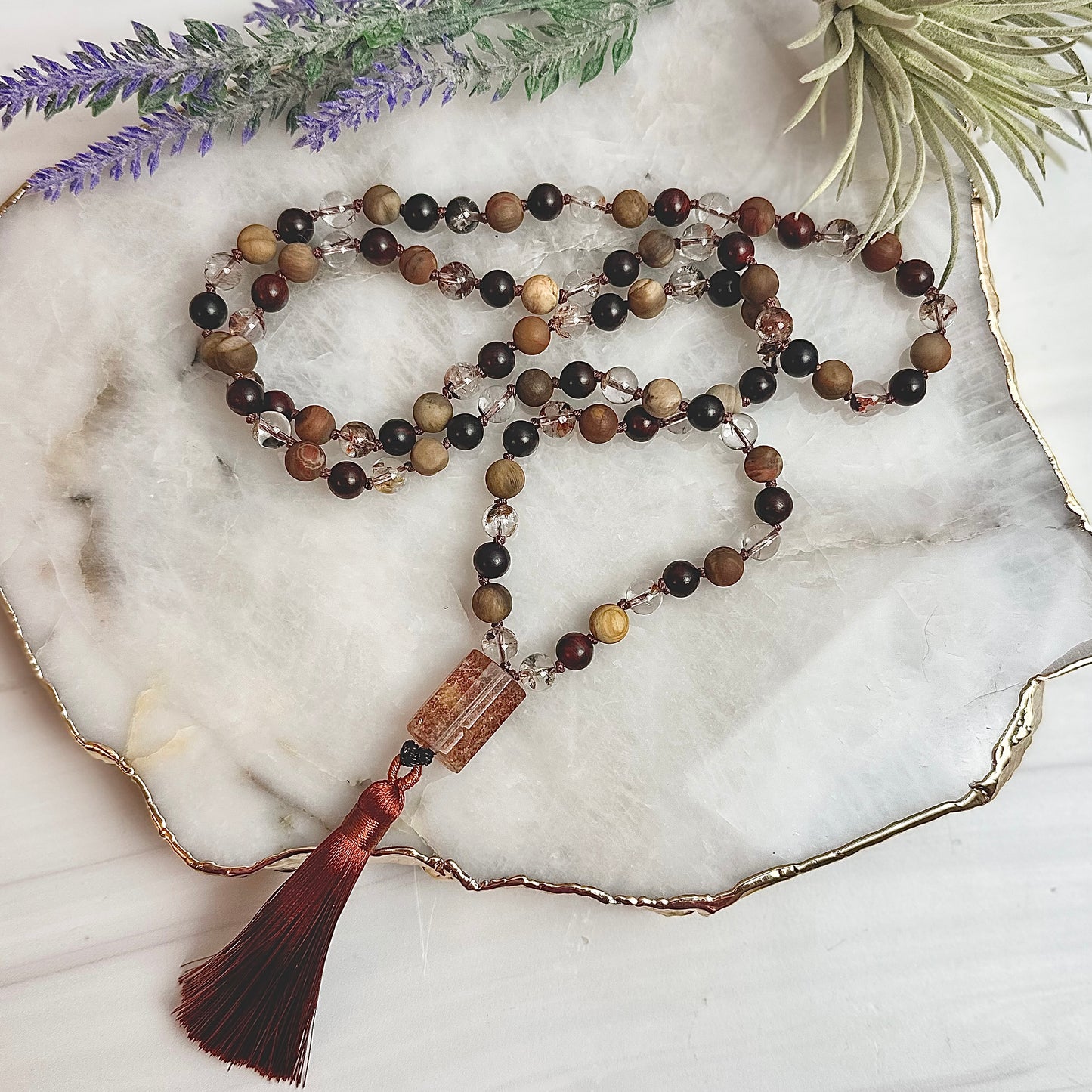 Garden Quartz and Wood Mala