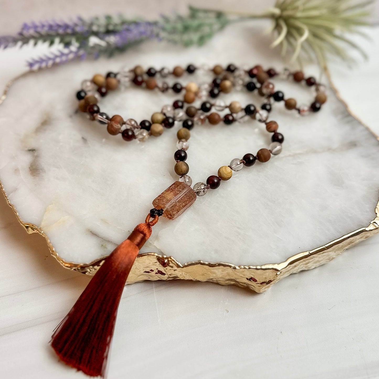 Garden Quartz and Wood Mala