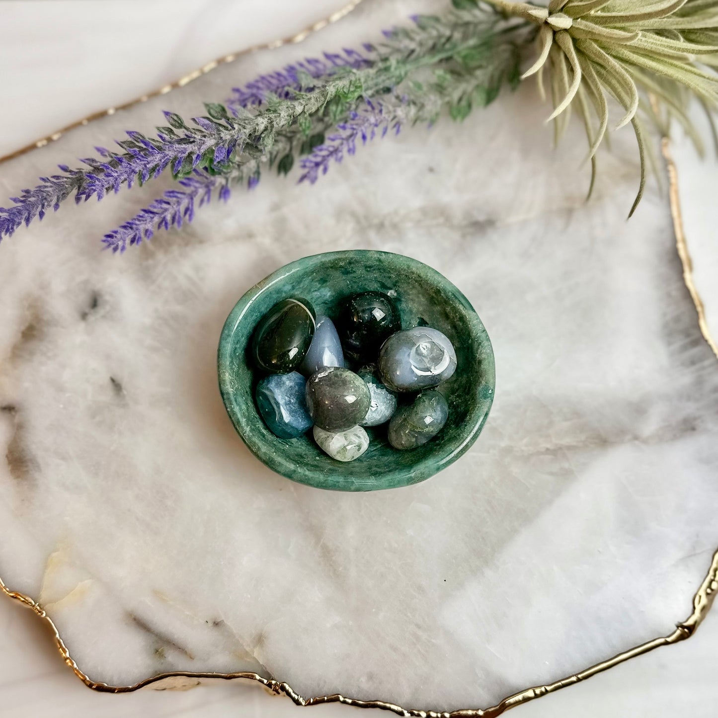 Small Moss Agate Bowl with Tumbles