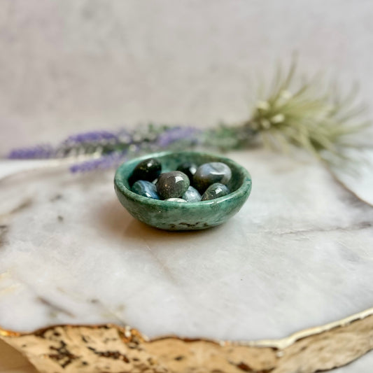 Small Moss Agate Bowl with Tumbles