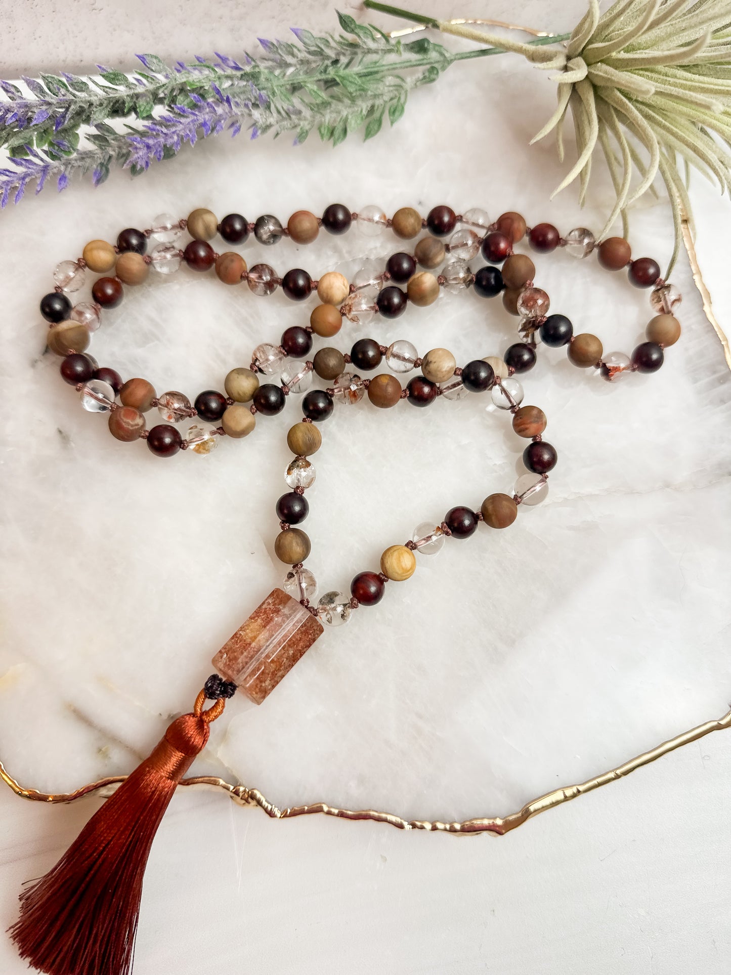 Garden Quartz and Wood Mala