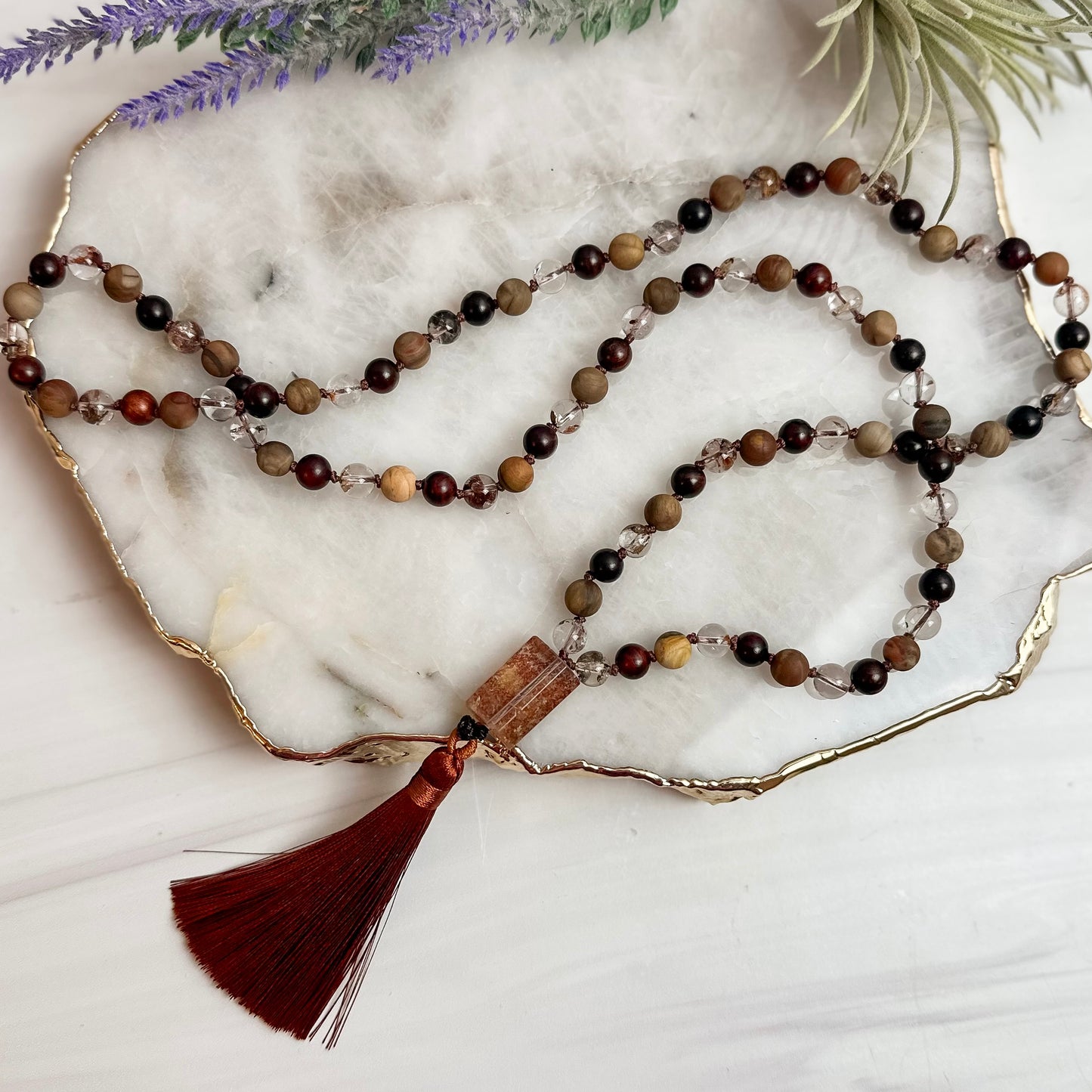 Garden Quartz and Wood Mala