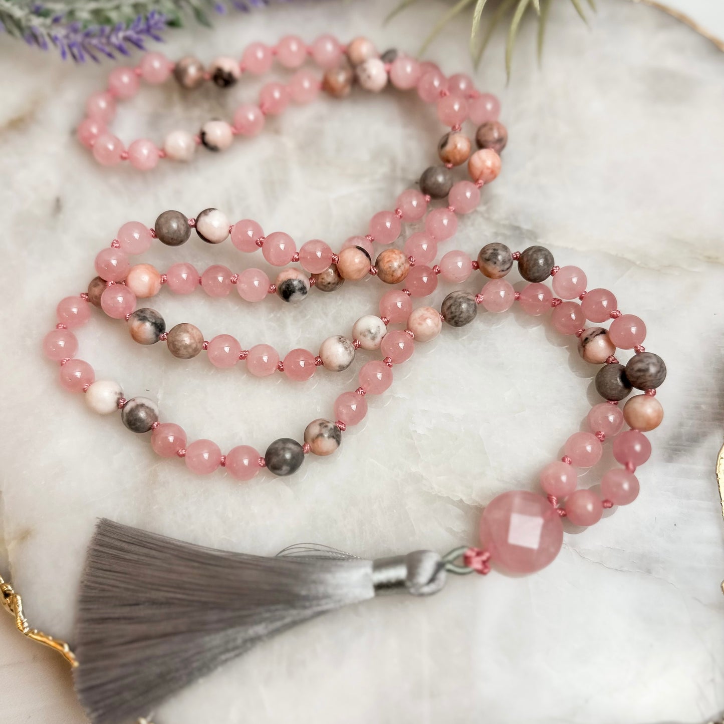 Rose Quartz and Pink Zebra Jasper Mala