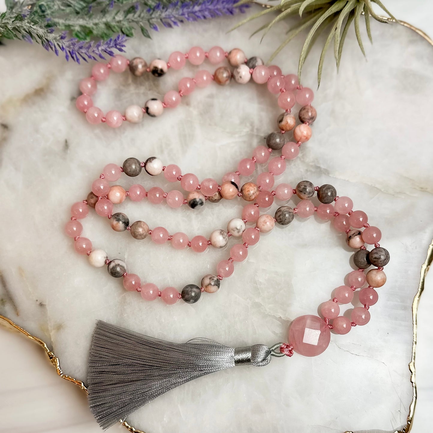 Rose Quartz and Pink Zebra Jasper Mala