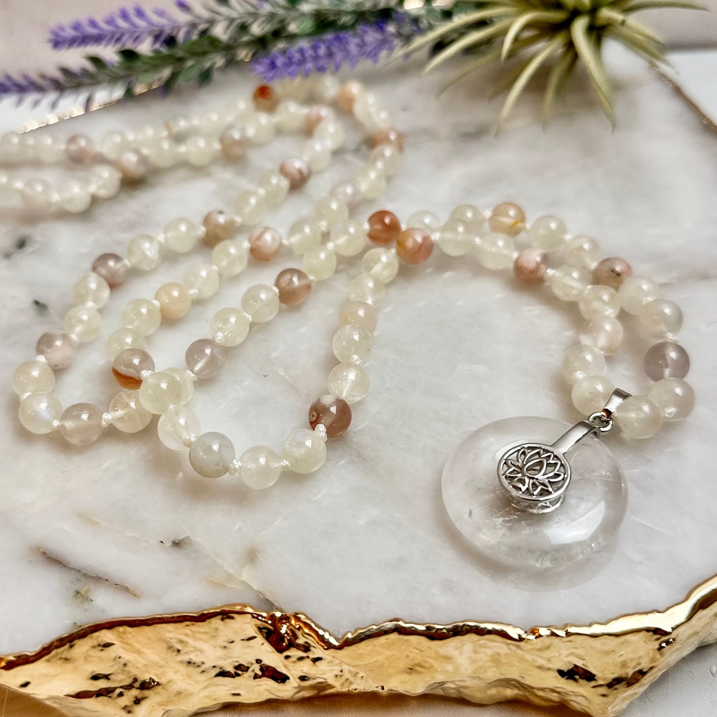 Lotus Rainbow Moonstone Mala