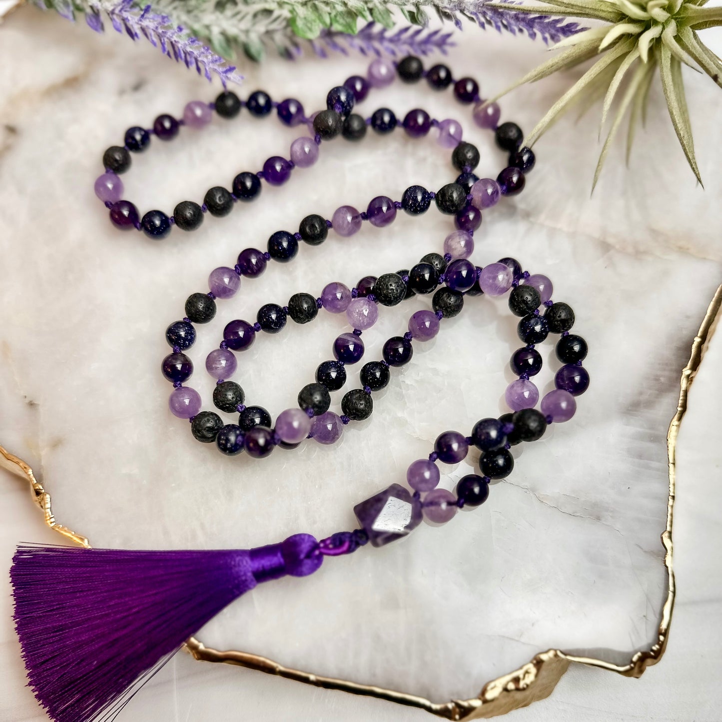 Amethyst and Blue Goldstone Mala