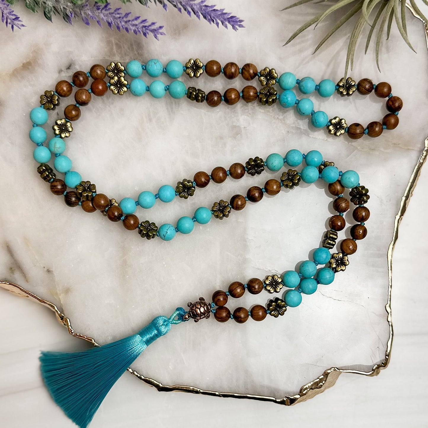 Turquoise Magnesite and Wood Mala